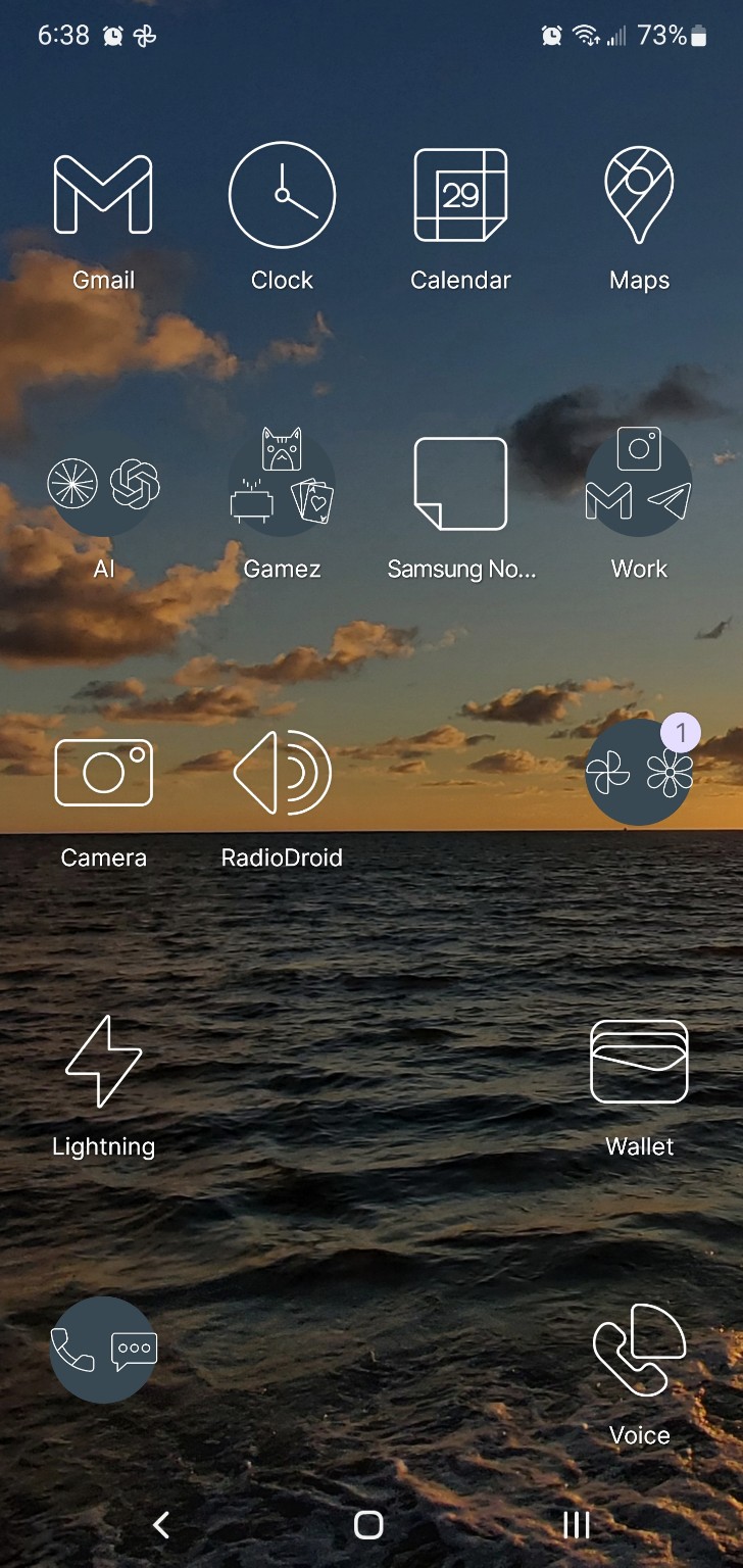 Android home screen using Lawnchair launcher, with white outline app icons over an ocean sunset wallpaper.