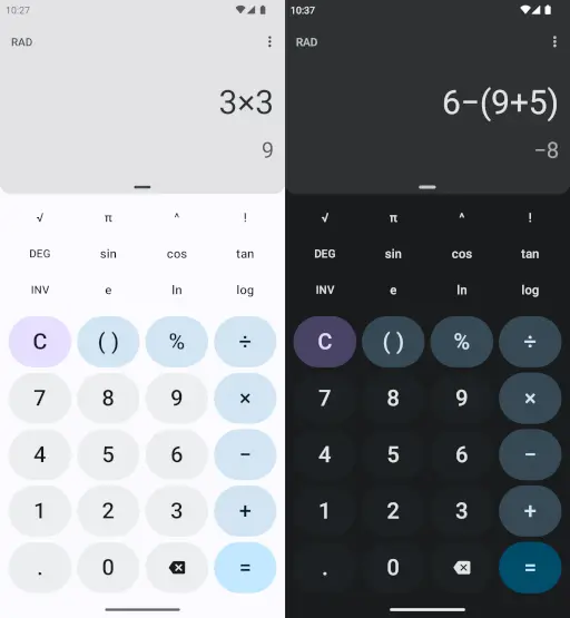 LineageOS Calculator shown side by side in light and dark themes.